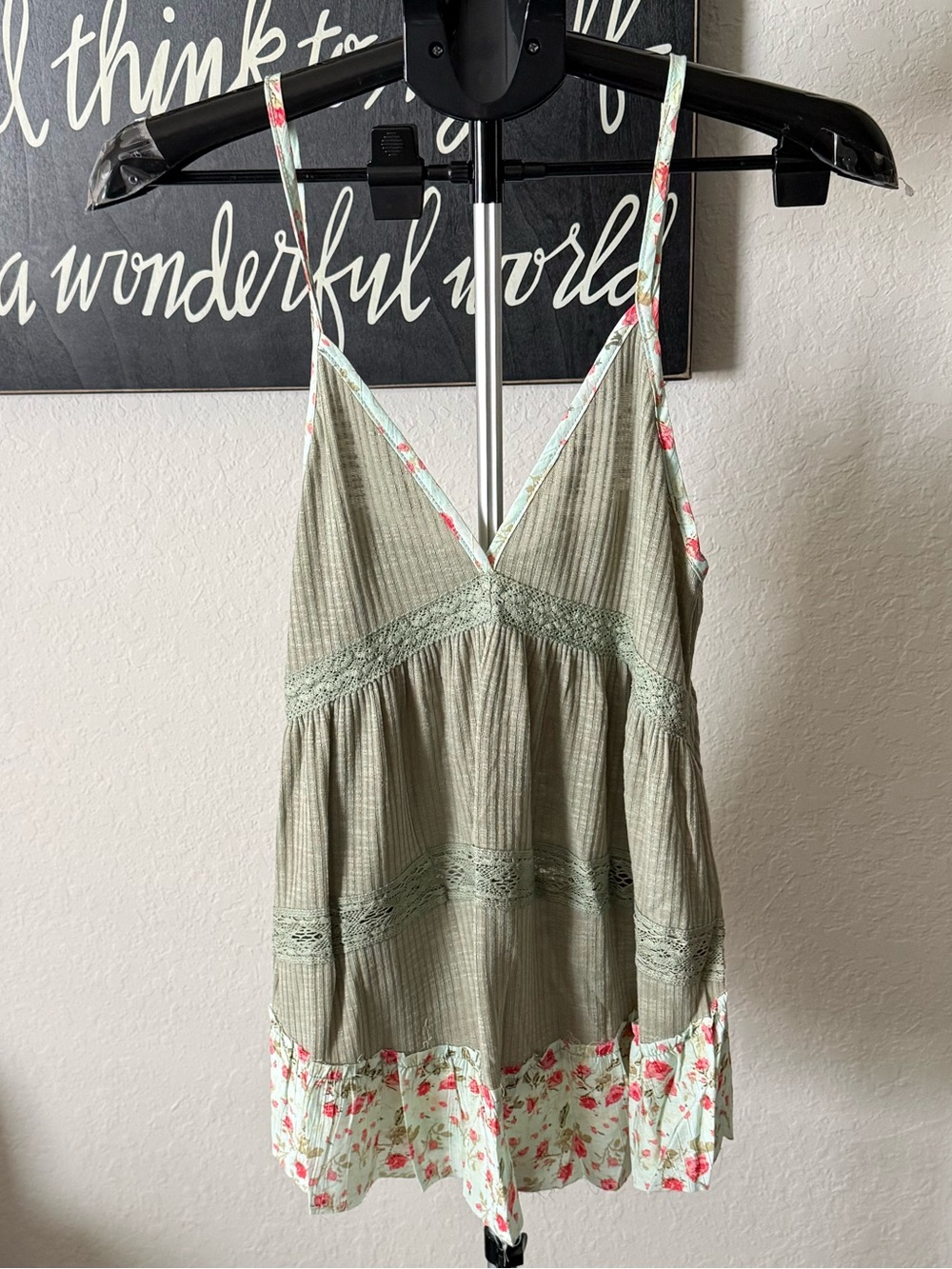 POL Olive Green Floral-Hem Spaghetti Strap Tank Top NEW